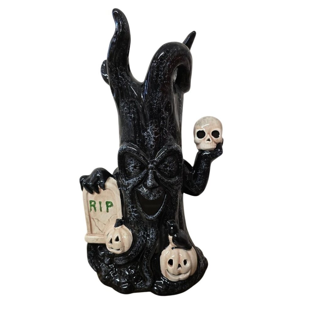 14" Black Spooky Ceramic Halloween Tree Figurine Skull Pumpkins Tombstone Decor